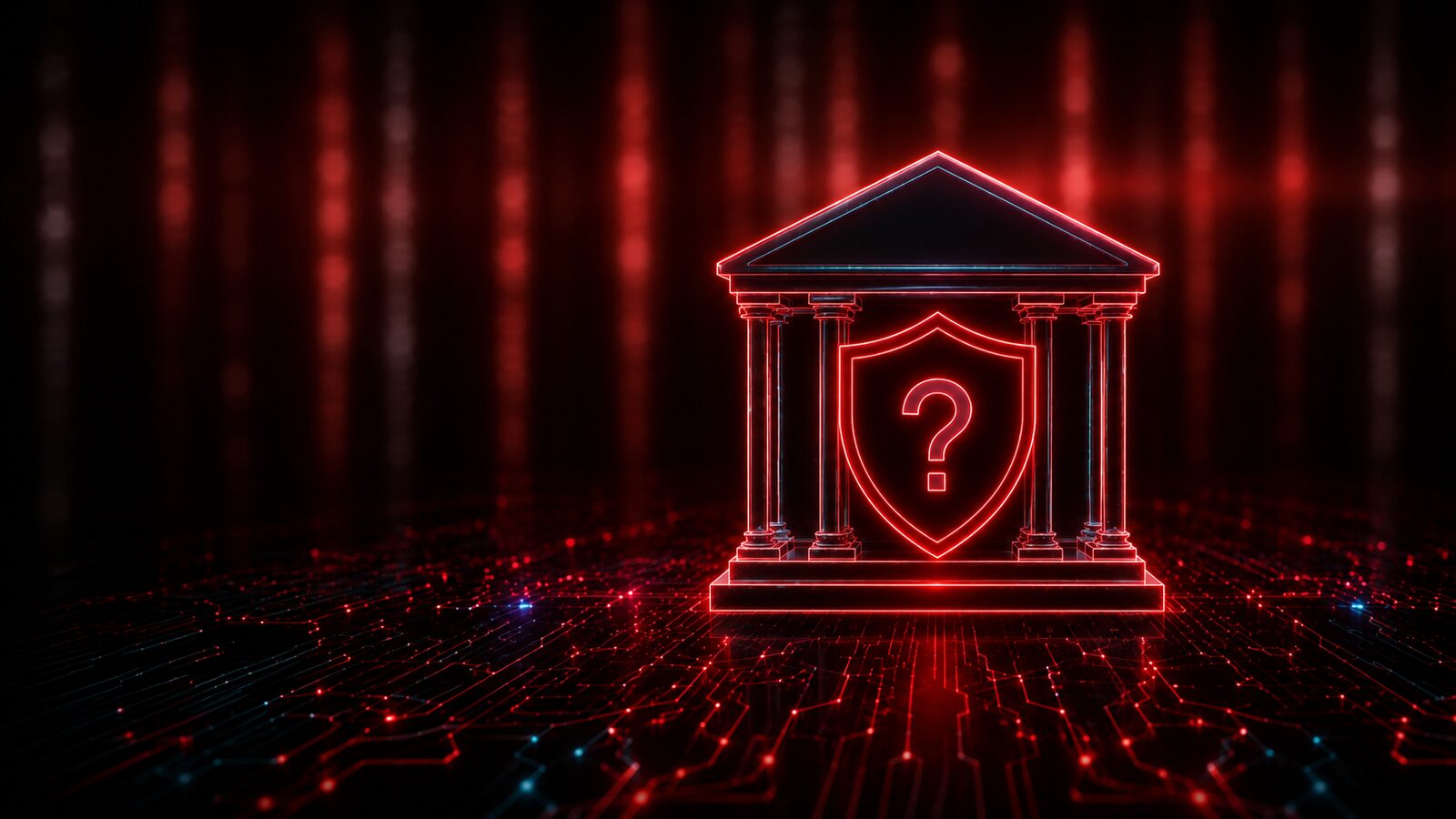 A glowing red bank building icon with a shield and question mark