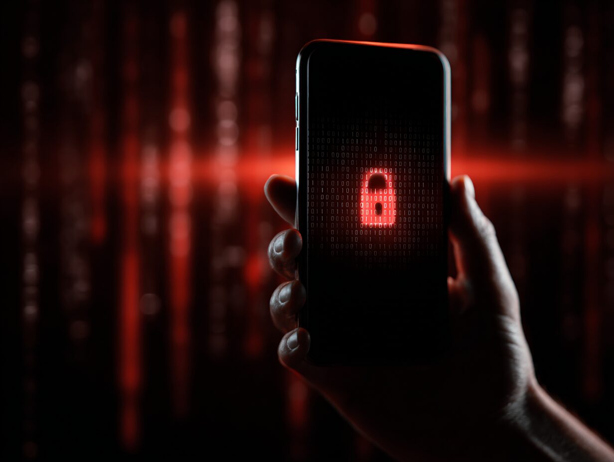 A hand holding a phone displaying a glowing lock icon over binary code
