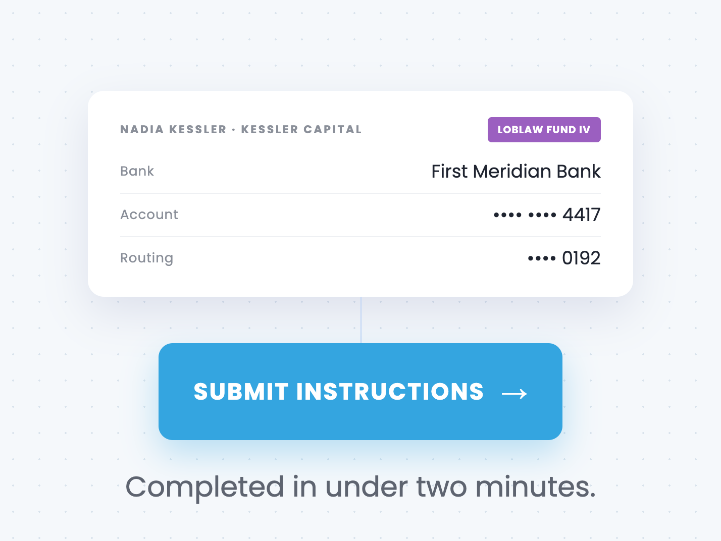 Illustration of a counterparty's bank and account details ready to submit, with no login or photo ID required